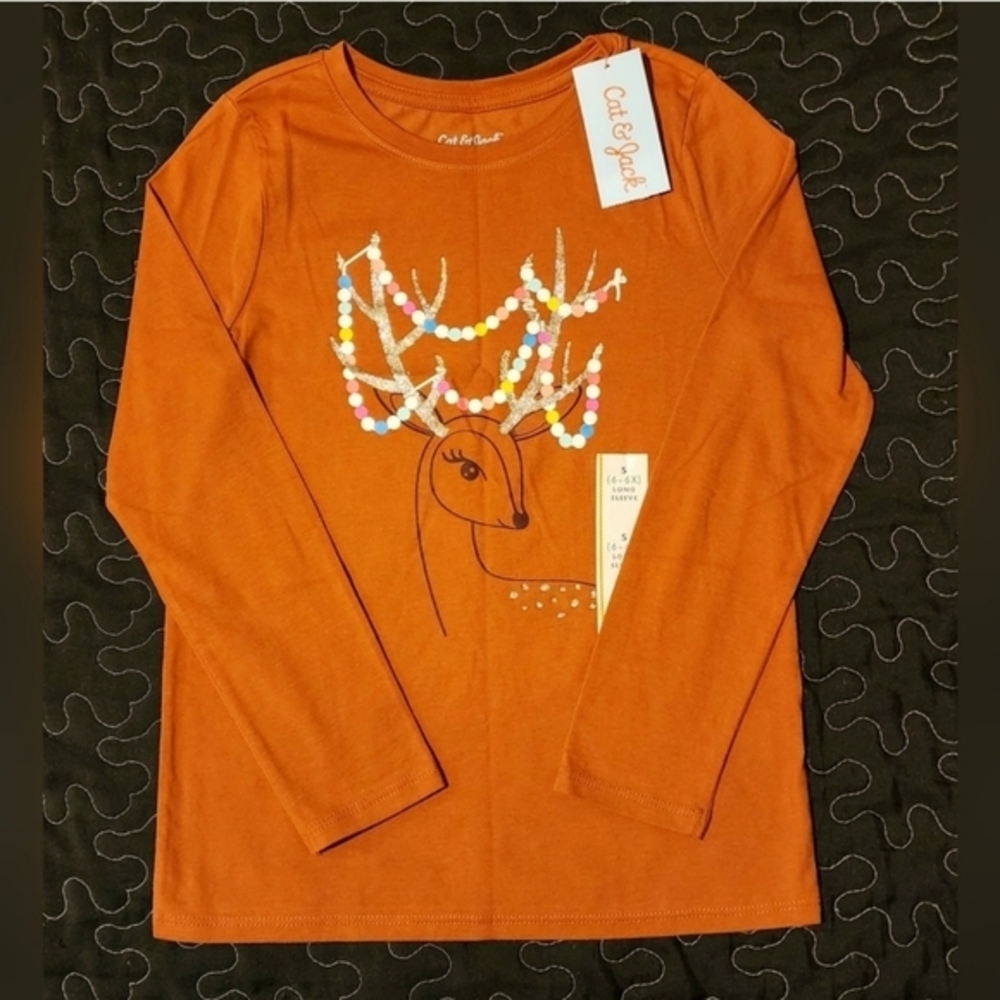 Cat & Jack Girl's Holiday Deer‎ with Lights Long Sleeve Shirt NWT Size 6/6X